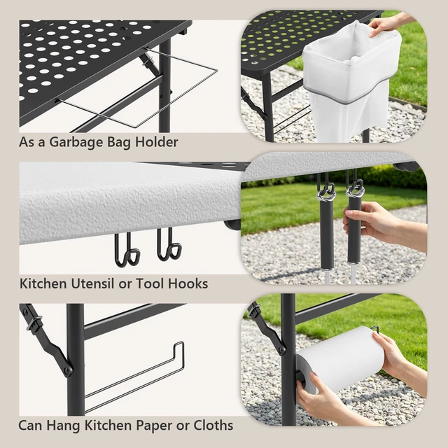 Alt view image 4 of 7 - 5ft Folding Table for Picnic Camping, Portable Outdoor Table with Metal Grid Grilling Surface, Heavy Duty Foldable Table for Cook Prep,Suitable for Camping, Backyard, Patio and Beach