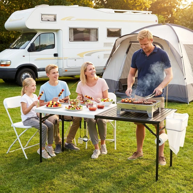 Alt view image 7 of 7 - 5ft Folding Table for Picnic Camping, Portable Outdoor Table with Metal Grid Grilling Surface, Heavy Duty Foldable Table for Cook Prep,Suitable for Camping, Backyard, Patio and Beach