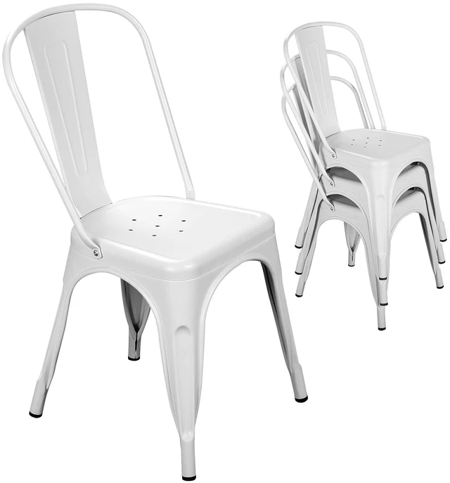 Main image of Metal Dining Chair Farmhouse Tolix Style for Kitchen Dining Room Café Restaurant Bistro Patio, 18 Inch, Stackable, Waterproof Indoor/Outdoor (Sets of 4) (White)