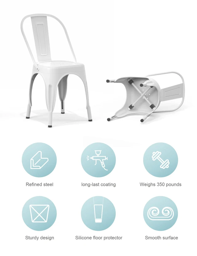 Alt view image 2 of 7 - Metal Dining Chair Farmhouse Tolix Style for Kitchen Dining Room Café Restaurant Bistro Patio, 18 Inch, Stackable, Waterproof Indoor/Outdoor (Sets of 4) (White)