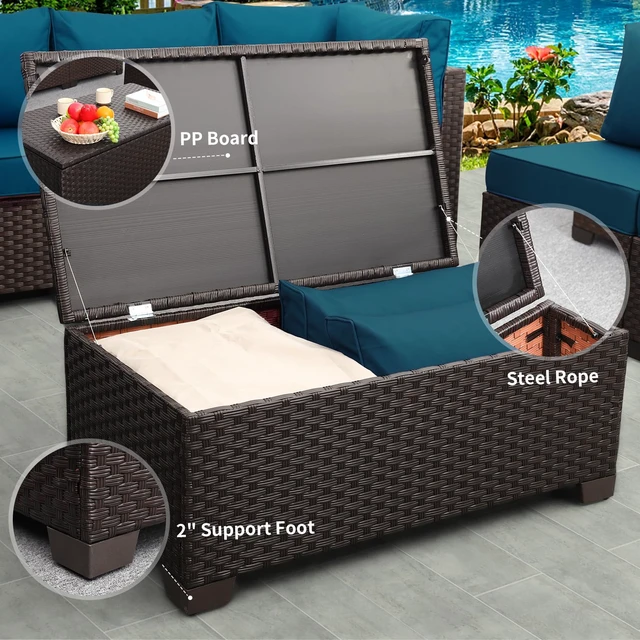 Alt view image 2 of 7 - Outdoor Storage Table Wicker Patio Coffee Table All-Weather Wicker Side Table with Waterproof Cover, Brown