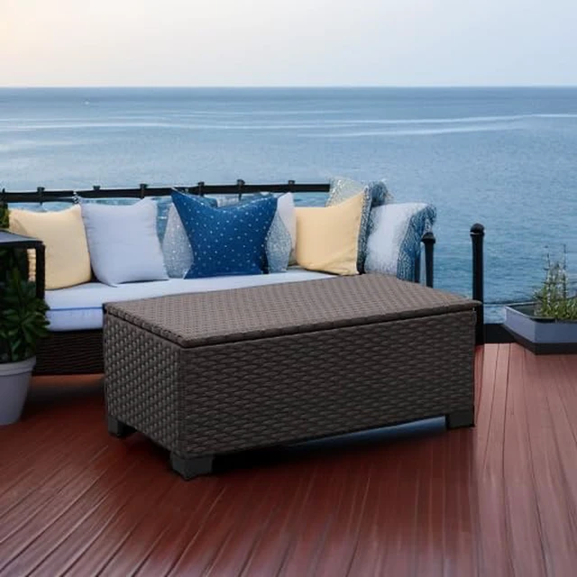 Alt view image 5 of 7 - Outdoor Storage Table Wicker Patio Coffee Table All-Weather Wicker Side Table with Waterproof Cover, Brown