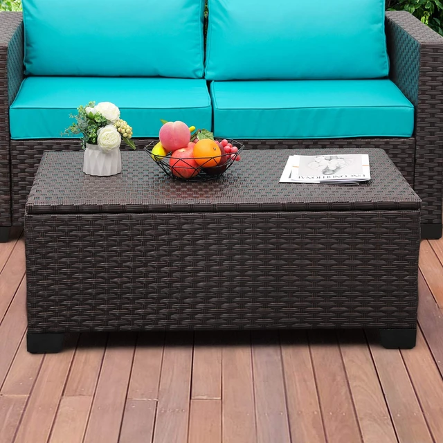 Alt view image 6 of 7 - Outdoor Storage Table Wicker Patio Coffee Table All-Weather Wicker Side Table with Waterproof Cover, Brown