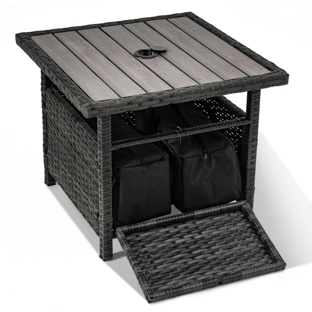 Main image of 22" Gray Wicker Patio Umbrella Side Table with 2 Weight Bags | All Weather Rattan Table With Umbrella Hole; Stable Weight Bags; Fit Deck, Yard, Poolside, Porch Outdoor Use