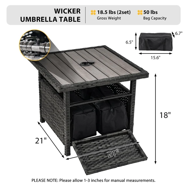 Alt view image 3 of 7 - 22" Gray Wicker Patio Umbrella Side Table with 2 Weight Bags | All Weather Rattan Table With Umbrella Hole; Stable Weight Bags; Fit Deck, Yard, Poolside, Porch Outdoor Use