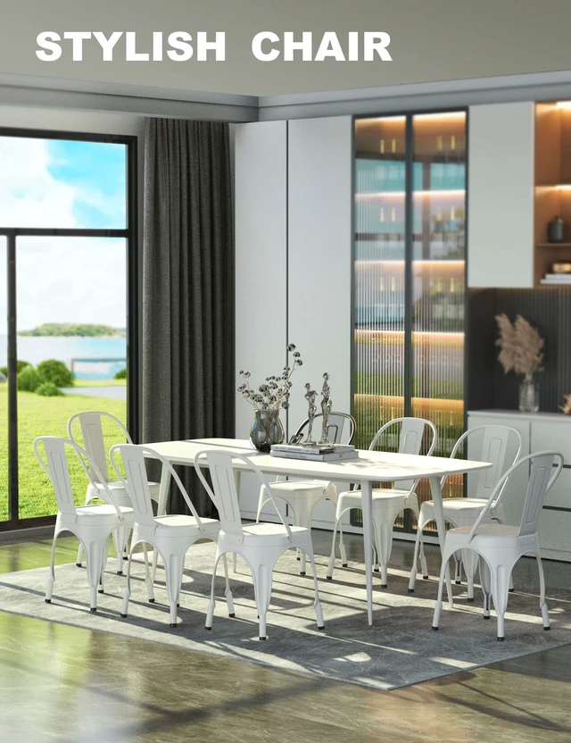 Alt view image 3 of 7 - Metal Dining Chair Farmhouse Tolix Style for Kitchen Dining Room Café Restaurant Bistro Patio, 18 Inch, Stackable, Waterproof Indoor/Outdoor (Sets of 4) (White)