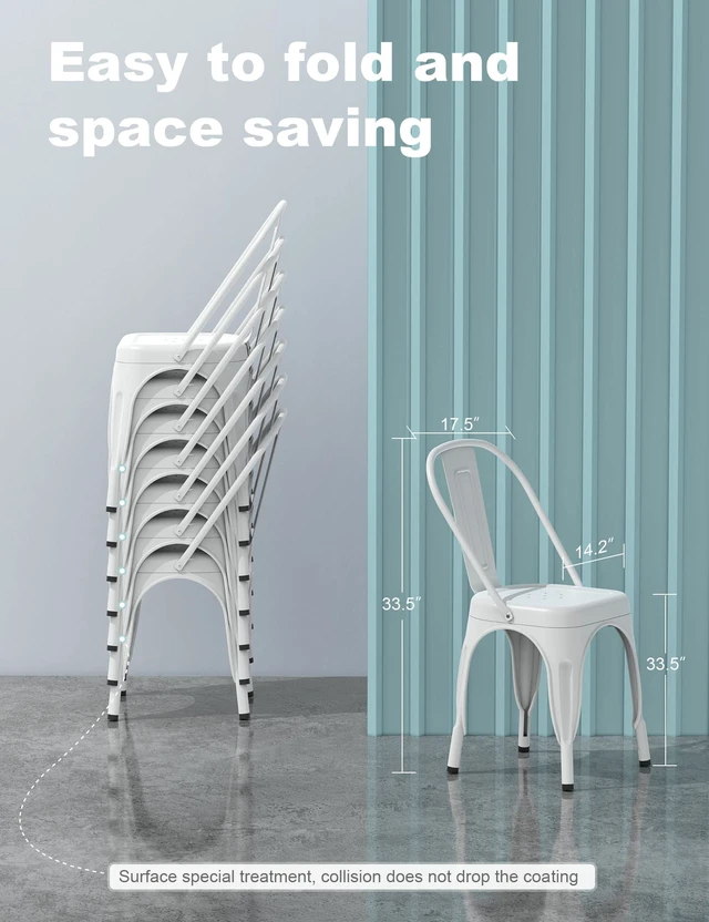 Alt view image 5 of 7 - Metal Dining Chair Farmhouse Tolix Style for Kitchen Dining Room Café Restaurant Bistro Patio, 18 Inch, Stackable, Waterproof Indoor/Outdoor (Sets of 4) (White)