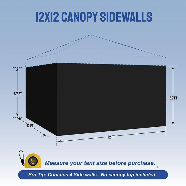 Alt view image 2 of 7 - 12x12 Canopy Sidewalls for Pop-Up Shelter, Black (Only 4pcs) | Silver-Coated Tent Sidewalls for Pop Up Canopy, Waterproof with UV Protection for Outdoor Events, Tent Not Included
