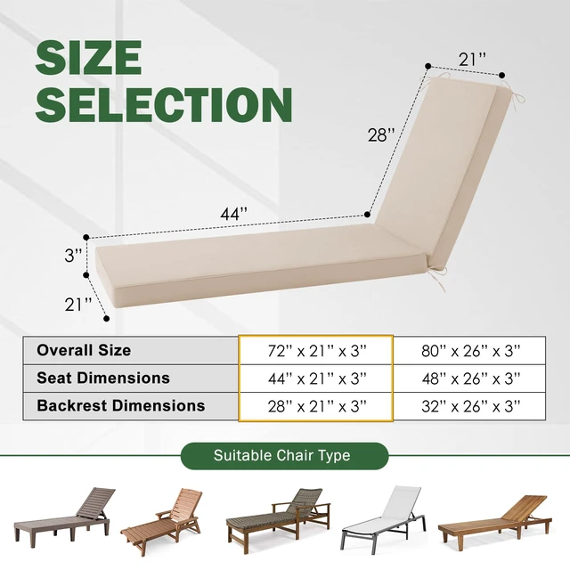 Alt view image 3 of 7 - Chaise Lounge Cushions Outdoor, 72x 21x 3 Inch Waterproof & Fade-Resistant Lounge Chair Cushion, Outdoor Chaise Cushion with Removable Cover & Ties for Lawn, Patio, Pool & Beach, Beige
