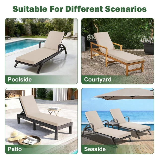 Alt view image 2 of 7 - Chaise Lounge Cushions Outdoor, 72x 21x 3 Inch Waterproof & Fade-Resistant Lounge Chair Cushion, Outdoor Chaise Cushion with Removable Cover & Ties for Lawn, Patio, Pool & Beach, Beige