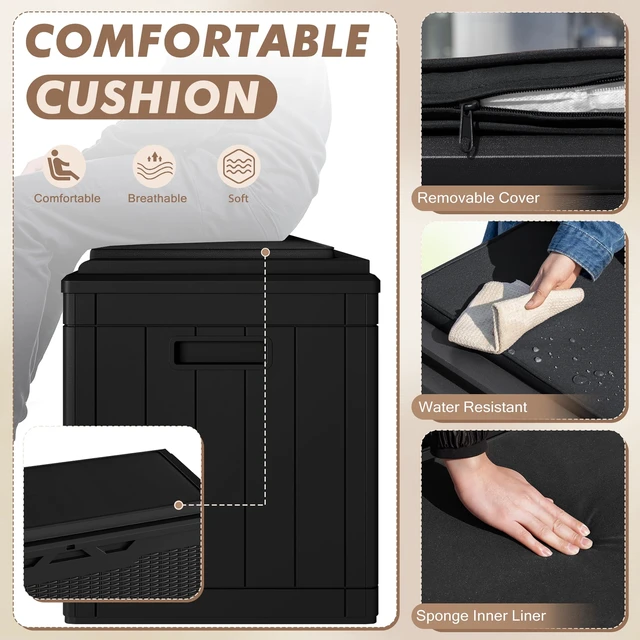 Alt view image 3 of 7 - 100 Gallon Deck Box Waterproof Outdoor Storage Box with Cushion | Resin Large Outdoor Storage Bench Cabinet Lockable for Outside, Patio Furniture, Garden Tools