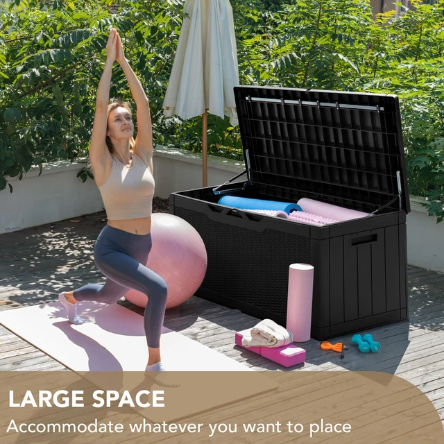 Alt view image 6 of 7 - 100 Gallon Deck Box Waterproof Outdoor Storage Box with Cushion | Resin Large Outdoor Storage Bench Cabinet Lockable for Outside, Patio Furniture, Garden Tools