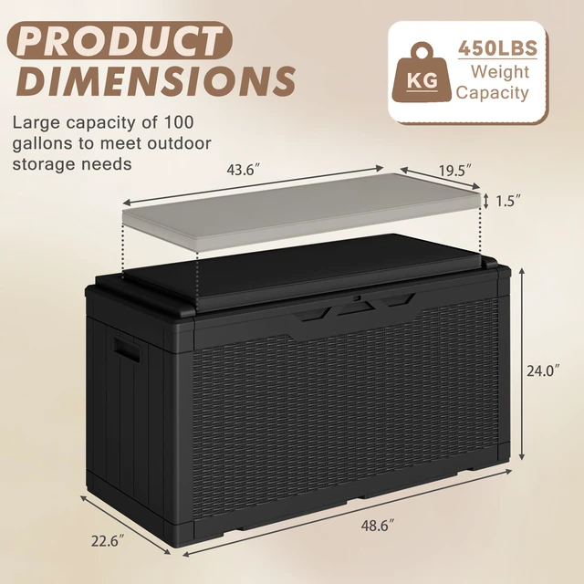 Alt view image 5 of 7 - 100 Gallon Deck Box Waterproof Outdoor Storage Box with Cushion | Resin Large Outdoor Storage Bench Cabinet Lockable for Outside, Patio Furniture, Garden Tools