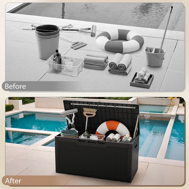 Alt view image 7 of 7 - 100 Gallon Deck Box Waterproof Outdoor Storage Box with Cushion | Resin Large Outdoor Storage Bench Cabinet Lockable for Outside, Patio Furniture, Garden Tools