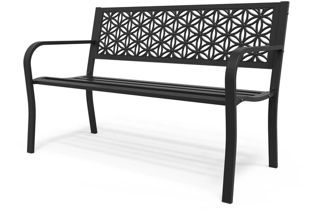 Main image of 50" Outdoor Bench Metal with Floral Back, Garden Bench Front Porch Benches for Yard Patio Entryway Park Outside, 800lb Capacity - Black