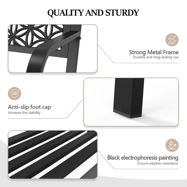 Alt view image 3 of 7 - 50" Outdoor Bench Metal with Floral Back, Garden Bench Front Porch Benches for Yard Patio Entryway Park Outside, 800lb Capacity - Black