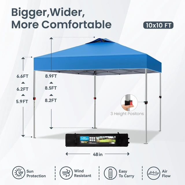 Alt view image 5 of 7 - 10x10 Pop Up Canopy, Easy Shade Tents for Outdoor Events Party | Canopies 100 Sq.Ft Portable Waterproof UV Resistant Instant Beach One Person Set for Outside Patio,Blue