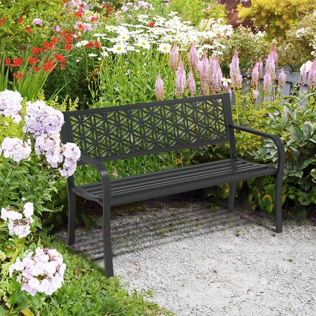 Alt view image 7 of 7 - 50" Outdoor Bench Metal with Floral Back, Garden Bench Front Porch Benches for Yard Patio Entryway Park Outside, 800lb Capacity - Black