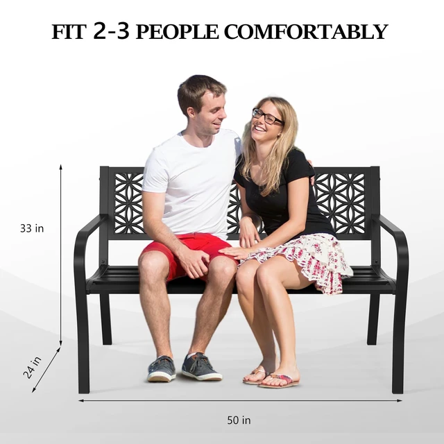 Alt view image 2 of 7 - 50" Outdoor Bench Metal with Floral Back, Garden Bench Front Porch Benches for Yard Patio Entryway Park Outside, 800lb Capacity - Black