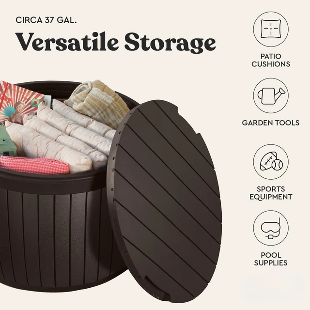 Alt view image 6 of 7 - Circa Outdoor Storage Deck Box, 37 Gallon, Brown | Doubles as Ottoman Chair or Side Table, Resin Seating for Garden, Pool & Patio