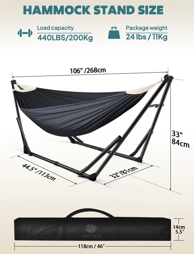 Alt view image 3 of 7 - 2-in-1 Hammock & Chair Stand with Collapsible Steel Frame & Carry Bag | Tool-free Set up Multi-angle & Height Adjustable Holds 440lbs Heavy-duty Portable Hammock for Indoor,Outdoor Garden,Patio