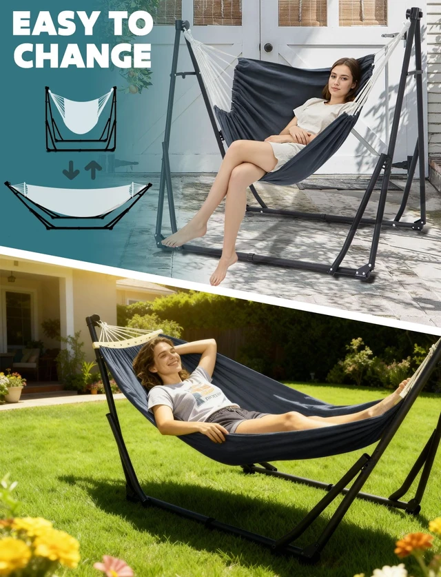 Alt view image 2 of 7 - 2-in-1 Hammock & Chair Stand with Collapsible Steel Frame & Carry Bag | Tool-free Set up Multi-angle & Height Adjustable Holds 440lbs Heavy-duty Portable Hammock for Indoor,Outdoor Garden,Patio