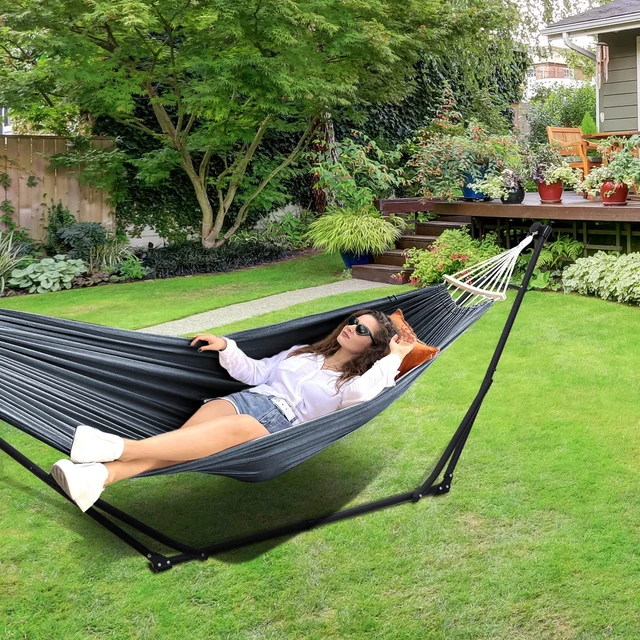 Alt view image 7 of 7 - 2-in-1 Hammock & Chair Stand with Collapsible Steel Frame & Carry Bag | Tool-free Set up Multi-angle & Height Adjustable Holds 440lbs Heavy-duty Portable Hammock for Indoor,Outdoor Garden,Patio