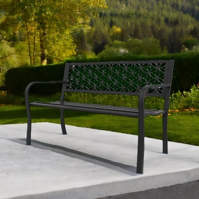 Alt view image 5 of 7 - 50" Outdoor Bench Metal with Floral Back, Garden Bench Front Porch Benches for Yard Patio Entryway Park Outside, 800lb Capacity - Black