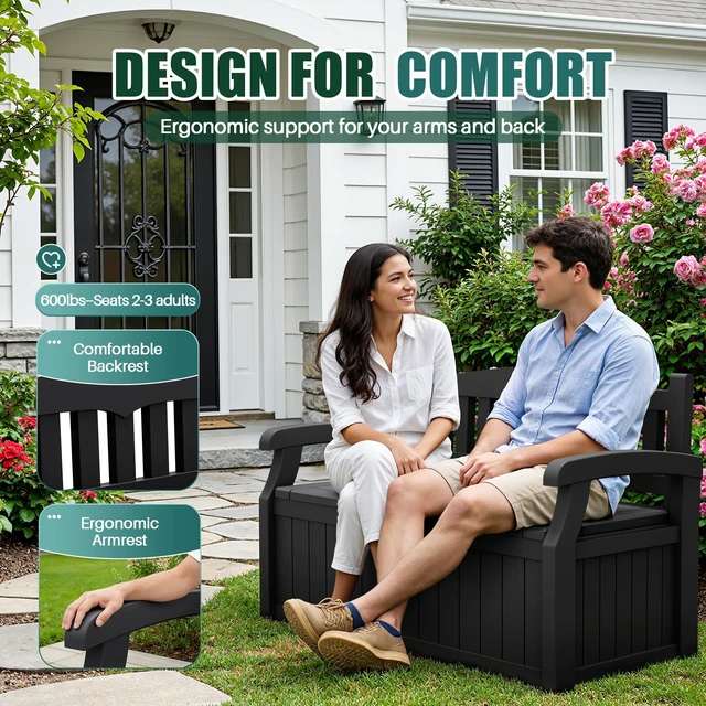 Alt view image 2 of 6 - 80 Gallon Storage Bench Deck Box Waterproof&Lockable | Outdoor Benches for Patio Furniture, Garden Decor and Outdoor Seating for Cushions, Garden Tools and Pool Supplies