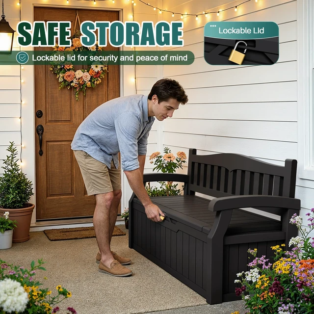 Alt view image 3 of 6 - 80 Gallon Storage Bench Deck Box Waterproof&Lockable | Outdoor Benches for Patio Furniture, Garden Decor and Outdoor Seating for Cushions, Garden Tools and Pool Supplies