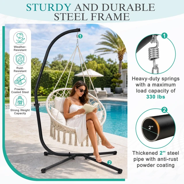Alt view image 6 of 7 - Hammock Chair Stand Only, Solid Hanging Chair C Stand, 330lbs Capacity | Powder-Coated Steel Hammock Swing Chair Frame for Hanging Rope Swing, Egg Chair, Sensory Swing, 360 Degree Rotation