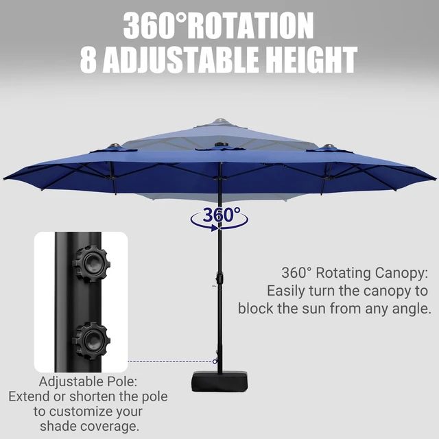 Alt view image 2 of 6 - 15FT Double-Sided Patio Umbrella with Base Included, Large Outdoor Rectangular Market Umbrella for Backyard, Poolside, Lawn & Garden,Blue
