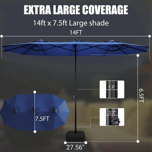 Alt view image 5 of 6 - 15FT Double-Sided Patio Umbrella with Base Included, Large Outdoor Rectangular Market Umbrella for Backyard, Poolside, Lawn & Garden,Blue