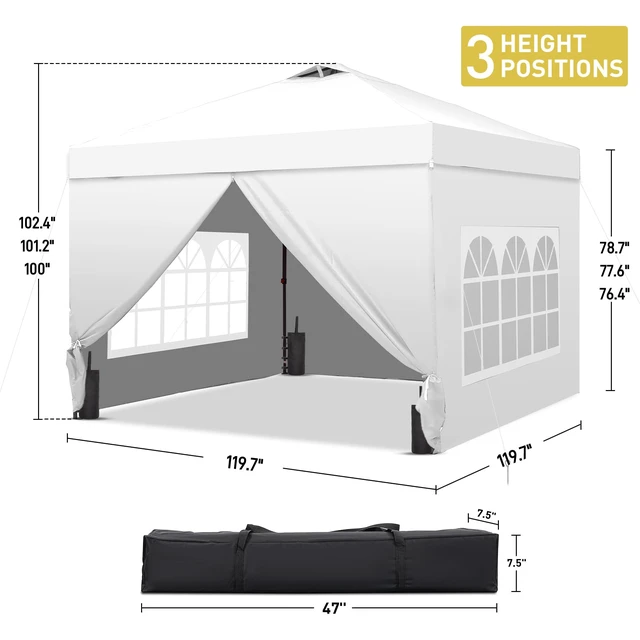Alt view image 2 of 7 - 10x10 Pop Up Canopy Tent with 4 Sidewalls, Easy Set up, Outdoor Silver Coated Beach Gazebos, Carpas with 4 Sandbags, for Events, Parties,Camping,White.