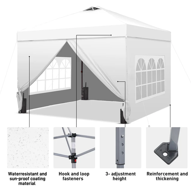 Alt view image 5 of 7 - 10x10 Pop Up Canopy Tent with 4 Sidewalls, Easy Set up, Outdoor Silver Coated Beach Gazebos, Carpas with 4 Sandbags, for Events, Parties,Camping,White.