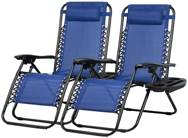 Main image of Set of 2 Relaxing Recliners Patio Chairs Adjustable Steel Mesh Zero Gravity Lounge Chair Beach Chairs with Pillow and Cup Holder (Blue)