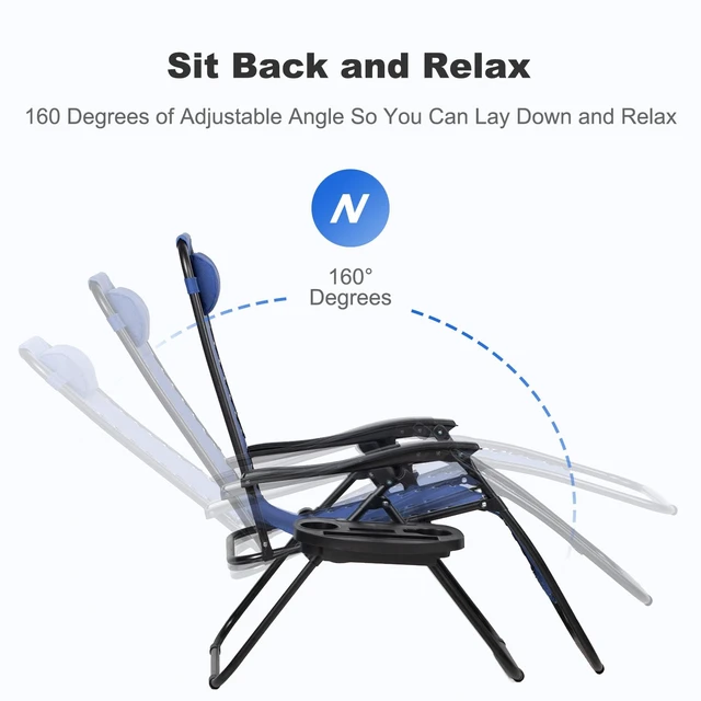 Alt view image 3 of 7 - Set of 2 Relaxing Recliners Patio Chairs Adjustable Steel Mesh Zero Gravity Lounge Chair Beach Chairs with Pillow and Cup Holder (Blue)