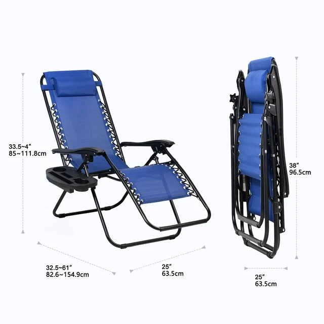 Alt view image 4 of 7 - Set of 2 Relaxing Recliners Patio Chairs Adjustable Steel Mesh Zero Gravity Lounge Chair Beach Chairs with Pillow and Cup Holder (Blue)