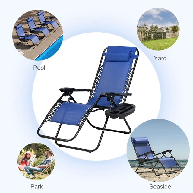 Alt view image 6 of 7 - Set of 2 Relaxing Recliners Patio Chairs Adjustable Steel Mesh Zero Gravity Lounge Chair Beach Chairs with Pillow and Cup Holder (Blue)