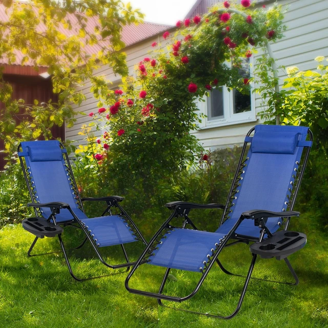 Alt view image 7 of 7 - Set of 2 Relaxing Recliners Patio Chairs Adjustable Steel Mesh Zero Gravity Lounge Chair Beach Chairs with Pillow and Cup Holder (Blue)