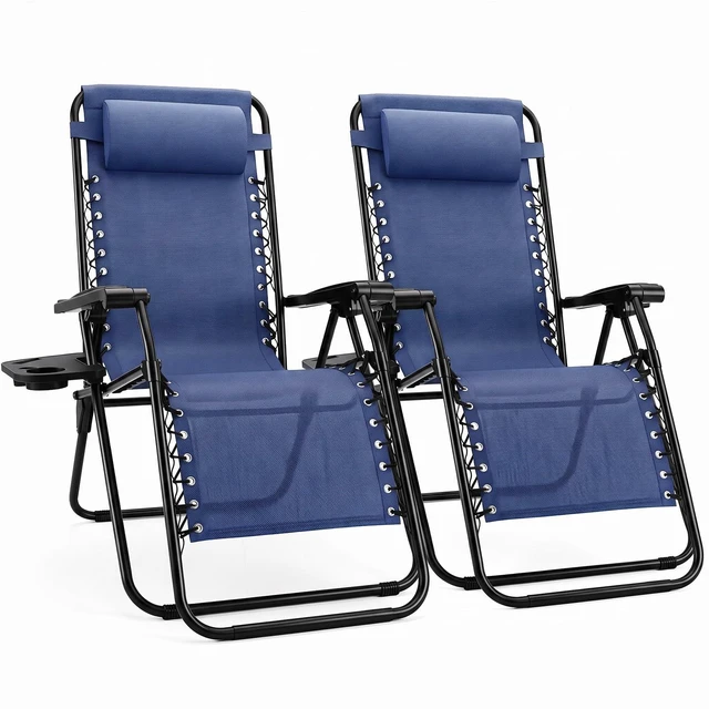 Main image of Zero Gravity Chairs, Set of 2 Portable Recliner Beach Camping Patio Outdoor Folding Lounge Chair with Cup Holder Trays and Adjustable Pillow for Poolside, Garden, Backyard, Lawn, Blue