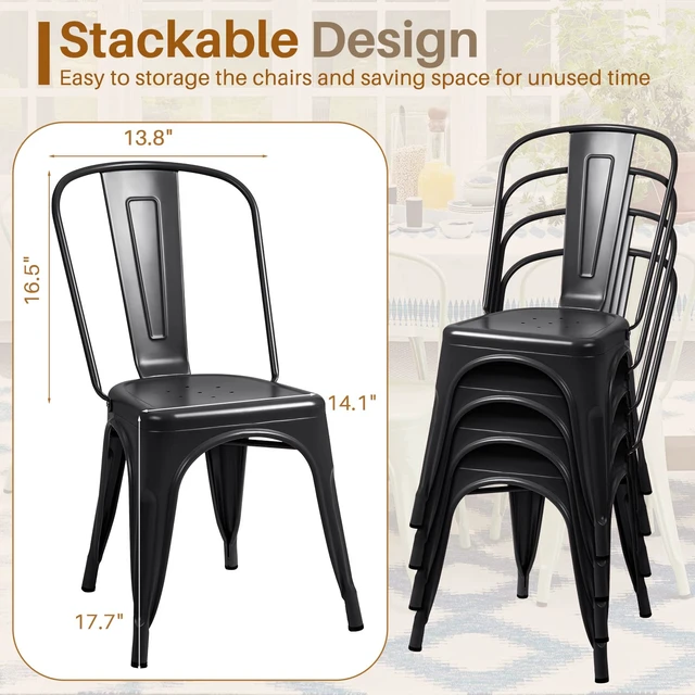 Alt view image 2 of 7 - Metal Dining Chair Indoor-Outdoor Use Stackable Classic Trattoria Chair Chic Dining Bistro Cafe Side Metal Chairs Set of 4 (Black)