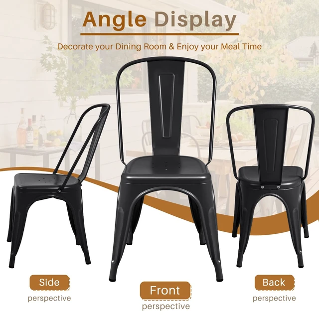 Alt view image 7 of 7 - Metal Dining Chair Indoor-Outdoor Use Stackable Classic Trattoria Chair Chic Dining Bistro Cafe Side Metal Chairs Set of 4 (Black)