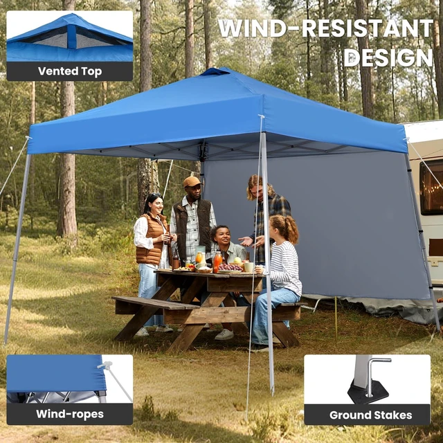 Alt view image 3 of 7 - 10X10 Slant Legs Pop Up Canopy Tent with 1 Sidewall | 10x10FT Base 8x8FT Top Portable Outdoor Shelter with Carrying Bag for Patio Garden Deck