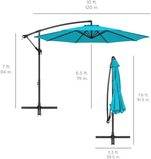 Alt view image 7 of 7 - 10ft Offset Cantilever Hanging Market Patio Umbrella, 8 Sturdy Ribs, Easy Adjustment - Sky Blue