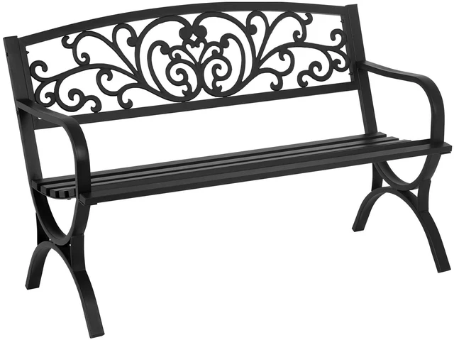 Main image of Patio Garden Bench 50 inch Outdoor Metal Loveseat Chairs with Armrests Slatted Seat and w/Floral Design Backrest for Park, Yard, Porch, Lawn, Balcony, Backyard, Black