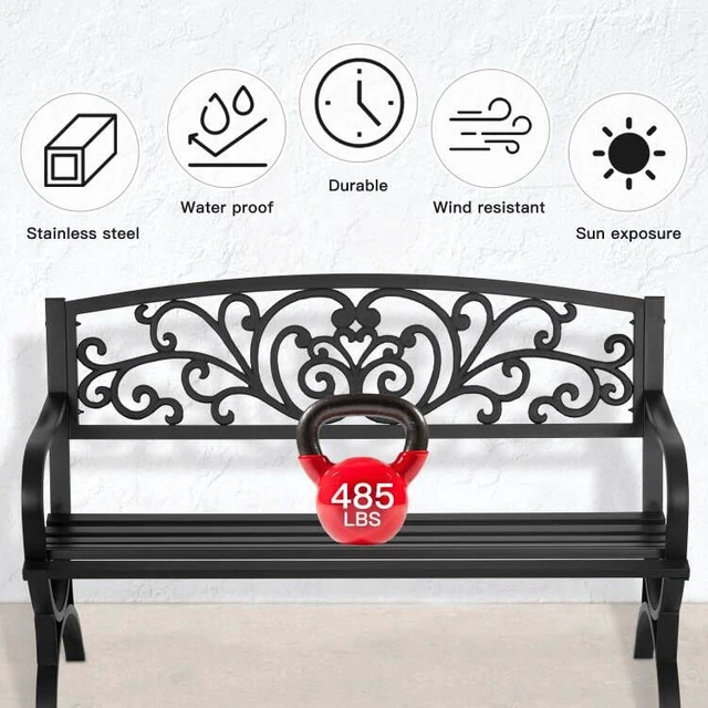 Alt view image 2 of 7 - Patio Garden Bench 50 inch Outdoor Metal Loveseat Chairs with Armrests Slatted Seat and w/Floral Design Backrest for Park, Yard, Porch, Lawn, Balcony, Backyard, Black