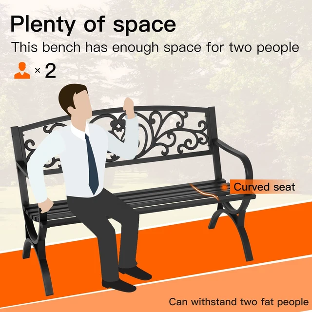Alt view image 3 of 7 - Patio Garden Bench 50 inch Outdoor Metal Loveseat Chairs with Armrests Slatted Seat and w/Floral Design Backrest for Park, Yard, Porch, Lawn, Balcony, Backyard, Black