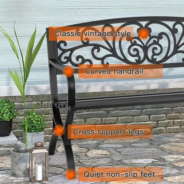 Alt view image 4 of 7 - Patio Garden Bench 50 inch Outdoor Metal Loveseat Chairs with Armrests Slatted Seat and w/Floral Design Backrest for Park, Yard, Porch, Lawn, Balcony, Backyard, Black