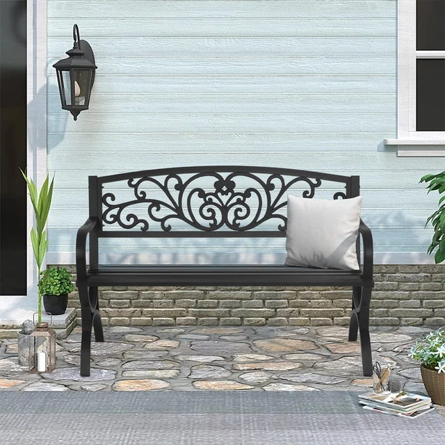 Alt view image 5 of 7 - Patio Garden Bench 50 inch Outdoor Metal Loveseat Chairs with Armrests Slatted Seat and w/Floral Design Backrest for Park, Yard, Porch, Lawn, Balcony, Backyard, Black